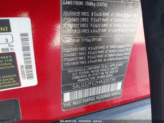 SALGS2FE2HA320734 Land Rover s/c lev2 ulev