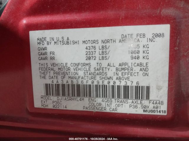 2009 MITSUBISHI GALANT 4A3AB36F09E007376 Photo 8