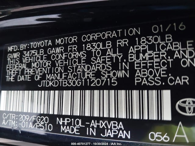JTDKDTB30G1120715 Toyota Prius C Two