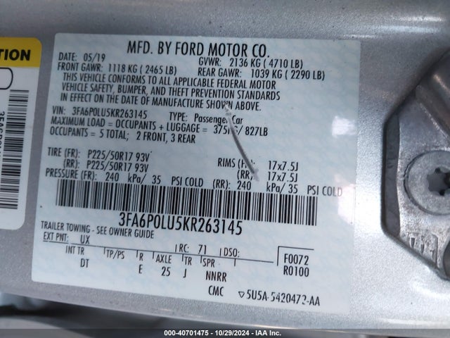 Ford Fusion Hybrid Se 2019 3FA6P0LU5KR263145 Image 9