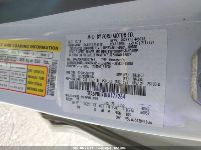 Ford FUSION SE 2014 3FA6P0H70ER177264 Image 9