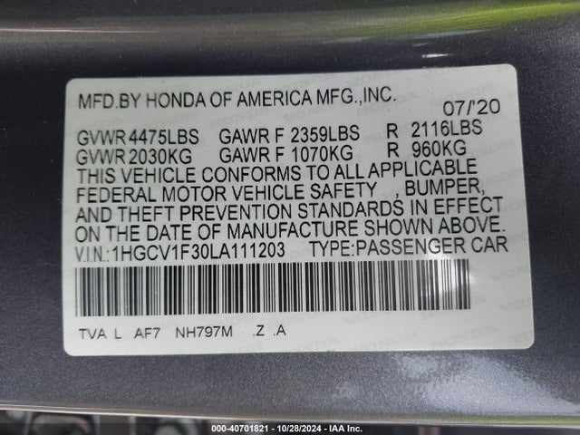 1HGCV1F30LA111203 Honda Accord Sport