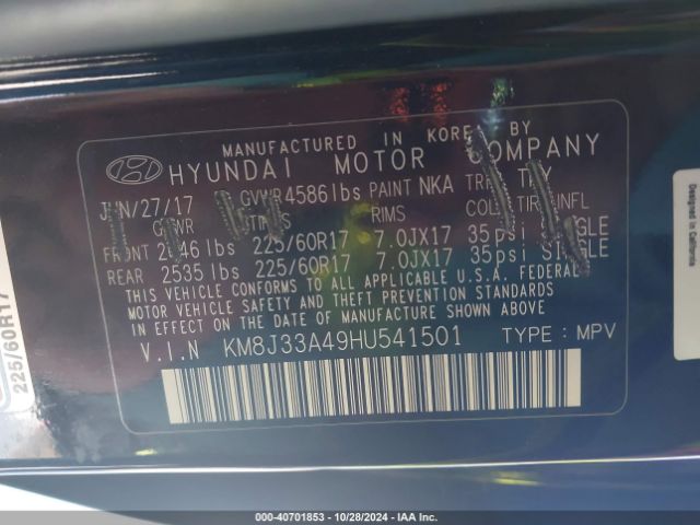 KM8J33A49HU541501 Hyundai Tucson Se Plus