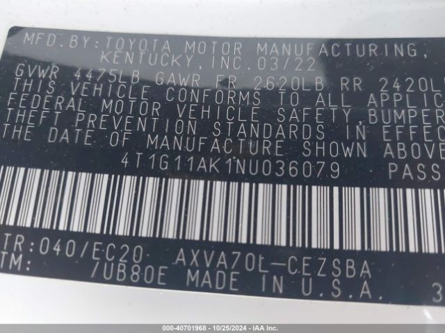 4T1G11AK1NU036079 Toyota Camry Se Nightshade Edition
