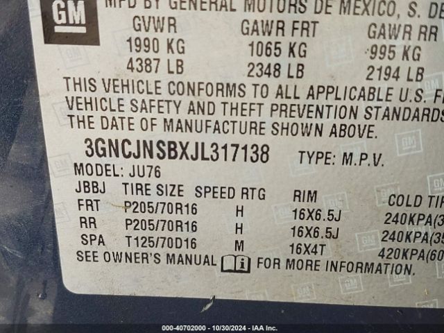 3GNCJNSBXJL317138 Chevrolet TRAX LS