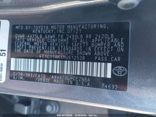 4T1C11AKXMU612538 Toyota CAMRY LE