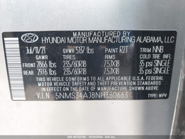 5NMS34AJ8NH380663 Hyundai Santa Fe Sel