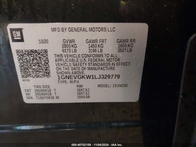 1GNEVGKW1LJ329779 Chevrolet Traverse Awd Lt Cloth