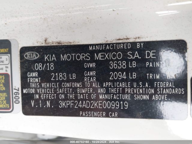 3KPF24AD2KE009919 KIA FORTE FE
