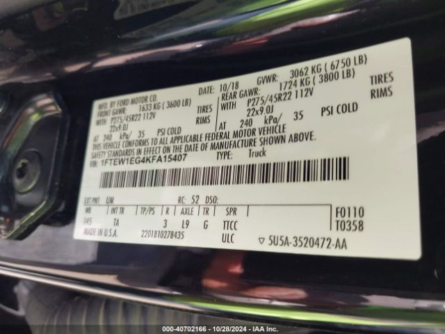 1FTEW1EG4KFA15407 Ford F-150 Limited