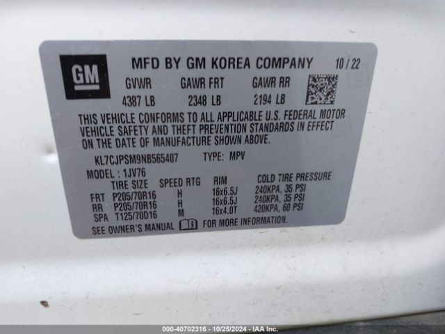 KL7CJPSM9NB565407 Chevrolet Trax Awd Lt