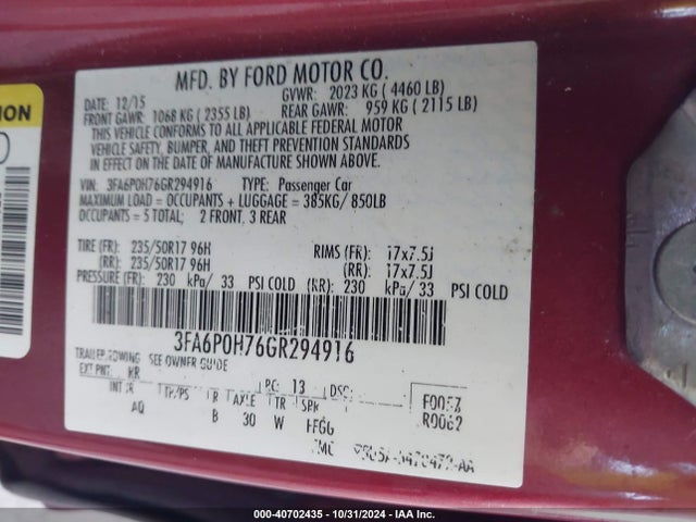 Ford FUSION SE 2016 3FA6P0H76GR294916 Image 9