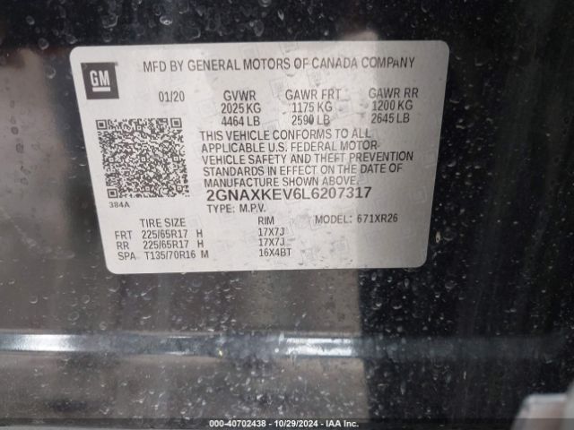 2GNAXKEV6L6207317 Chevrolet Equinox Fwd Lt 1.5l Turbo