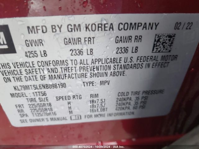 KL79MTSL6NB098190 Chevrolet Trailblazer Fwd Rs