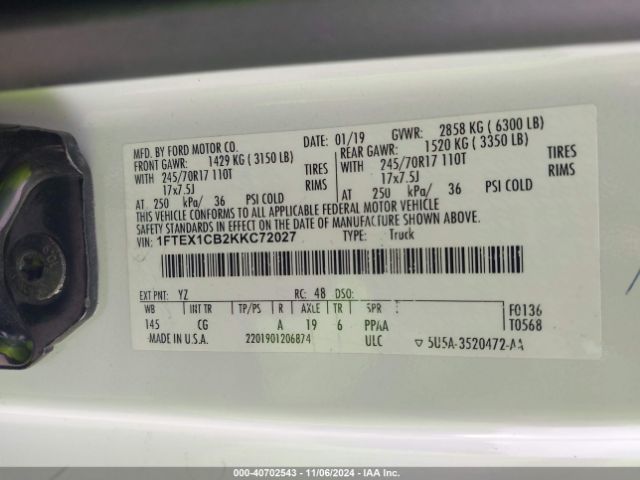 1FTEX1CB2KKC72027 Ford F-150 Xl