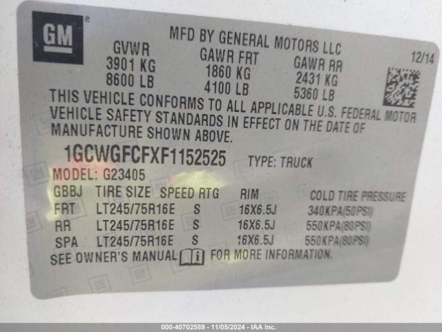 1GCWGFCFXF1152525 Chevrolet Express 2500 Work Van