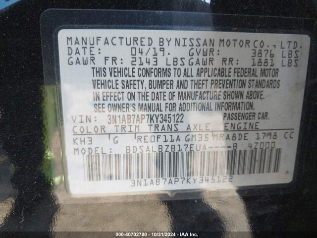 Nissan SENTRA S 2019 3N1AB7AP7KY345122 Image 9
