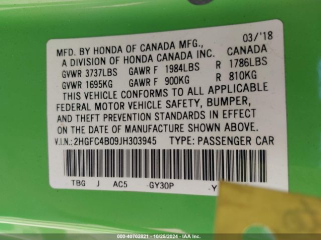 2HGFC4B09JH303945 Honda Civic Lx-p