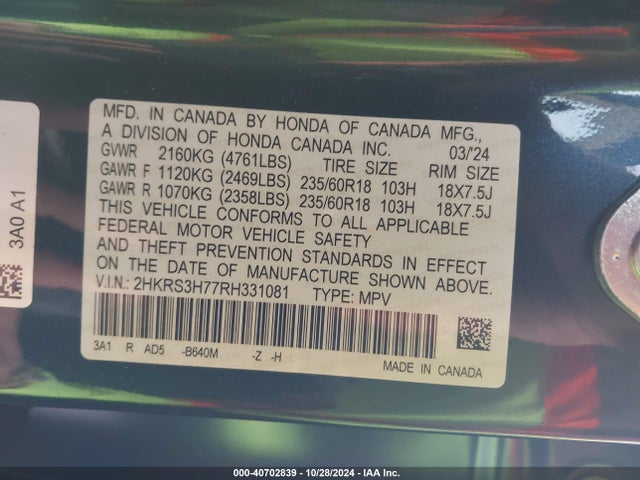 2HKRS3H77RH331081 Honda Cr-v Ex-l 2wd