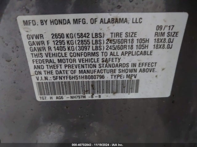 5FNYF6H51HB080796 Honda Pilot Ex-l