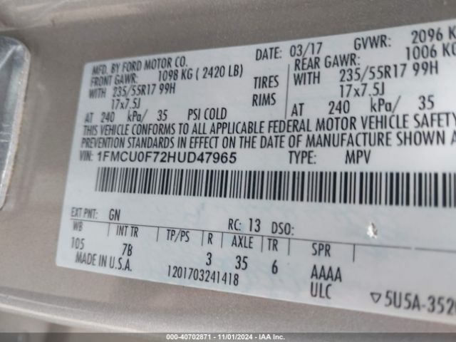 1FMCU0F72HUD47965 Ford ESCAPE S