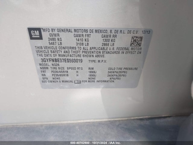 3GYFNBE37ES593019 Cadillac Srx Luxury Collection