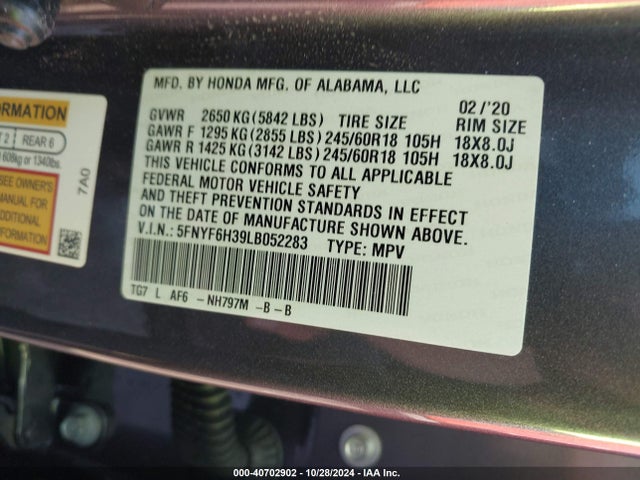 Honda Pilot Awd Ex 2020 5FNYF6H39LB052283 Image 9