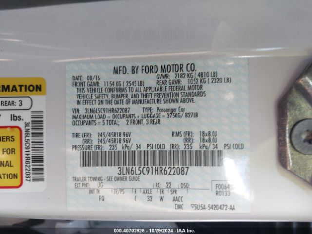 3LN6L5C91HR622087 Lincoln MKZ SELECT