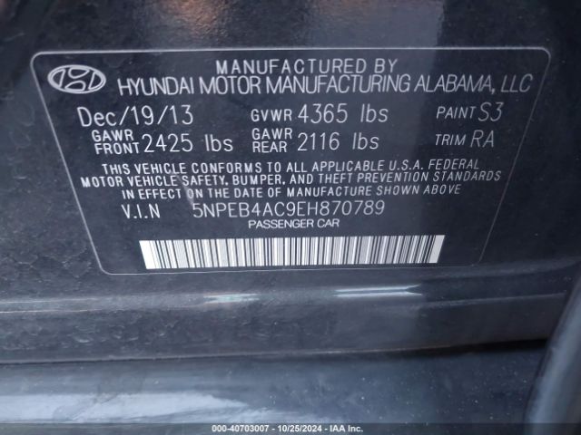 5NPEB4AC9EH870789 Hyundai SONATA GLS