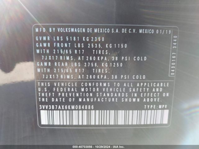 3VV3B7AX6KM084886 Volkswagen Tiguan 2.0t Se/2.0t Sel/2.0t Sel R-line/2.0t Sel R-line Black