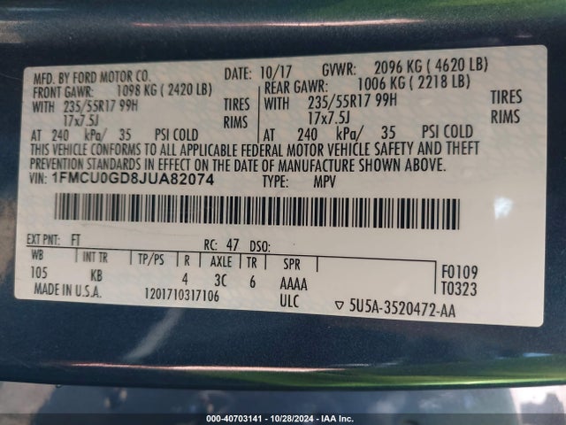 Ford ESCAPE SE 2018 1FMCU0GD8JUA82074 Image 9