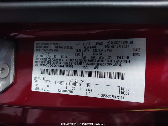 Ford ESCAPE SE 2019 1FMCU0GD9KUA50509 Image 9