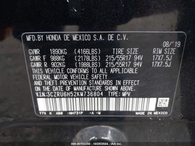 3CZRU6H52KM736804 Honda HR-V EX