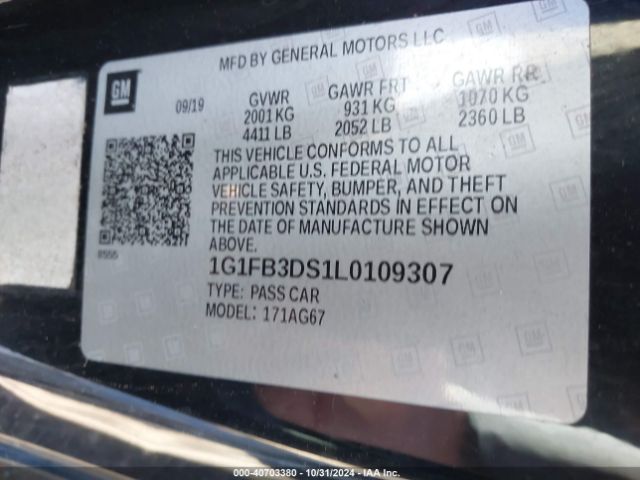 1G1FB3DS1L0109307 Chevrolet Camaro Rwd  1lt
