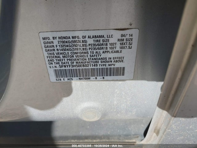 Honda Pilot Ex-l 2014 5FNYF3H50EB021149 Image 9