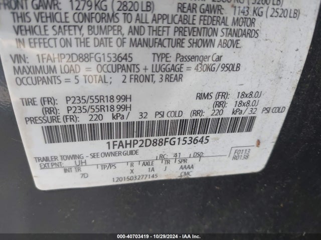 1FAHP2D88FG153645 Ford TAURUS SE