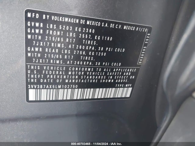 3VV3B7AX5LM102750 Volkswagen Tiguan 2.0t Se/2.0t Se R-line Black/2.0t Sel