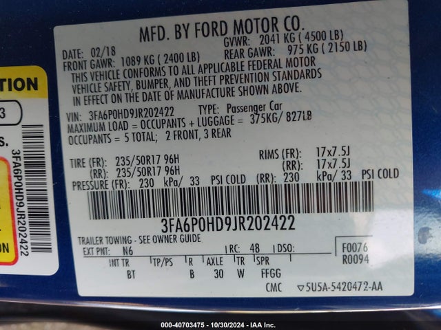 Ford FUSION SE 2018 3FA6P0HD9JR202422 Image 9