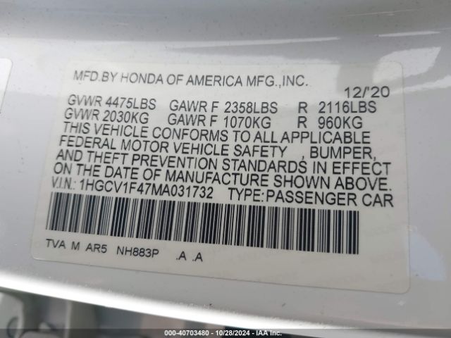 1HGCV1F47MA031732 Honda Accord Sport Special Edition