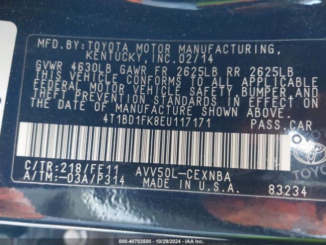 4T1BD1FK8EU117171 Toyota Camry Hybrid Le