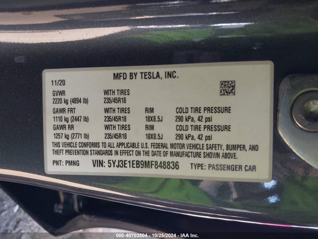 2021 TESLA MODEL 3 5YJ3E1EB9MF848836 Photo 8