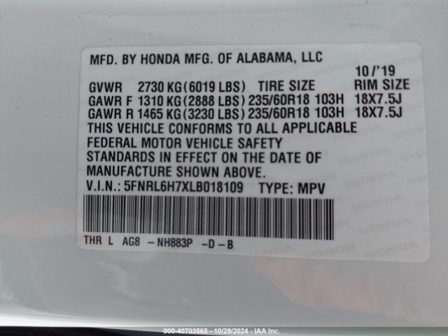 5FNRL6H7XLB018109 Honda Odyssey Ex-l/ex-l W/navi   Res