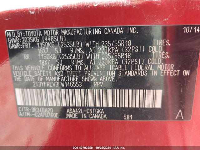 Toyota Rav4 Limited 2015 2T3YFREV3FW146553 Image 9