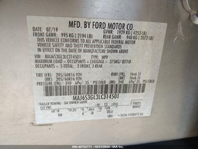 MAJ6S3GL3LC314501 Ford Ecosport Se
