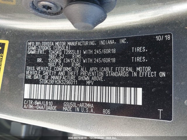 Toyota Highlander Xle 2019 5TDKZRFH2KS296011 Image 9