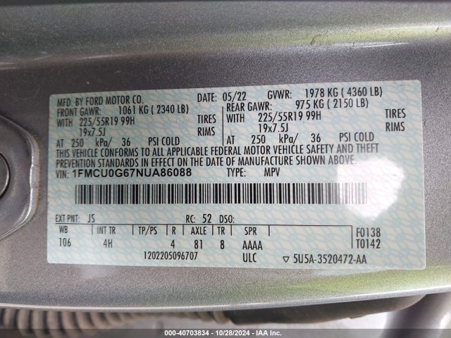 Ford ESCAPE SE 2022 1FMCU0G67NUA86088 Image 9