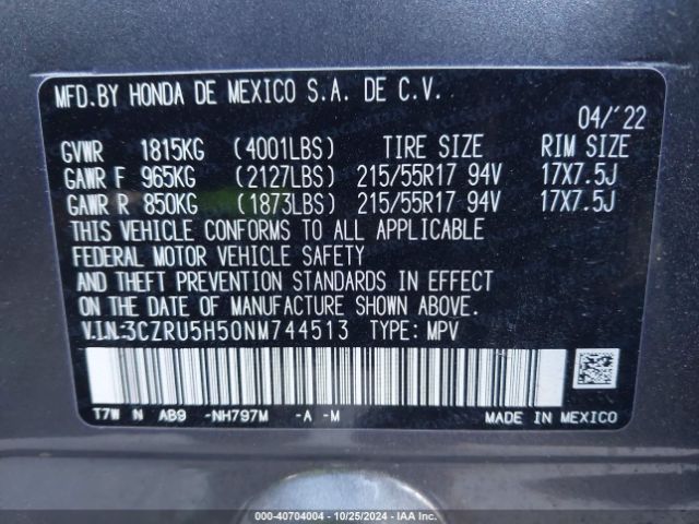 3CZRU5H50NM744513 Honda Hr-v 2wd Ex