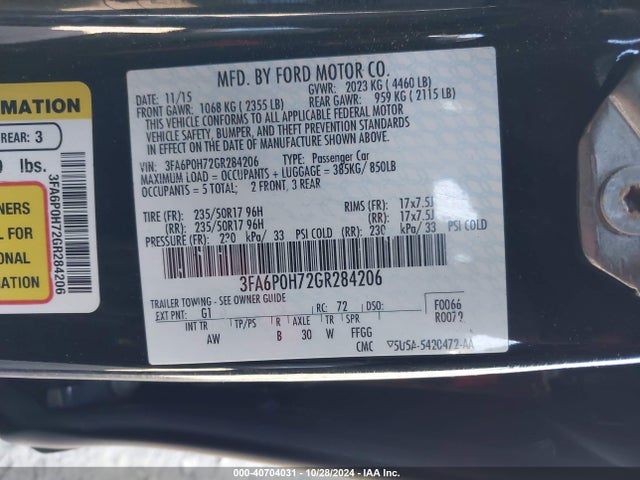 Ford FUSION SE 2016 3FA6P0H72GR284206 Image 9