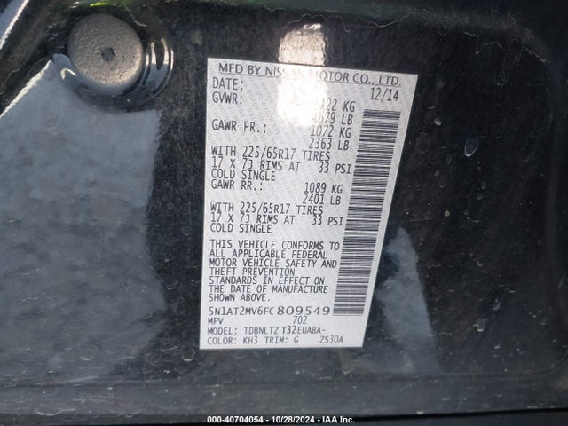 Nissan ROGUE SV 2015 5N1AT2MV6FC809549 Image 9