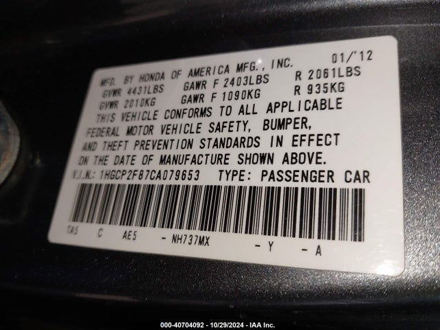 Aukcja sprzedaży 2012 Honda Accord 2.4 Ex-l, vin: 1HGCP2F87CA079653, numer aukcji: 40704092